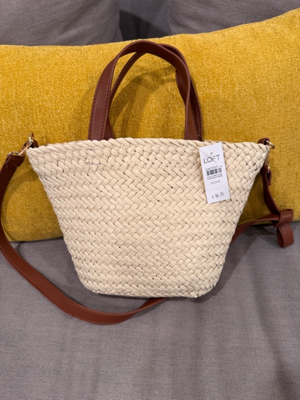 LOFT Cream Woven Crossbody Tote with Brown Leather Straps